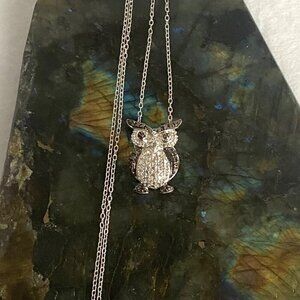 Sterling Silver 925 Black White Owl Single Diamond Pendant Necklace 18" Chain